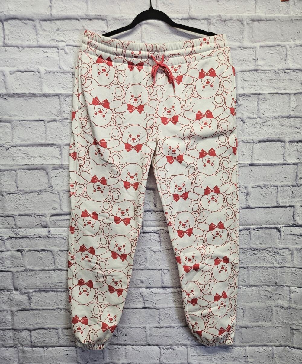 Wound Up Womens L 12-14 Teddy Bear Sweatpants Joggers White Pink Drawstring NWOT